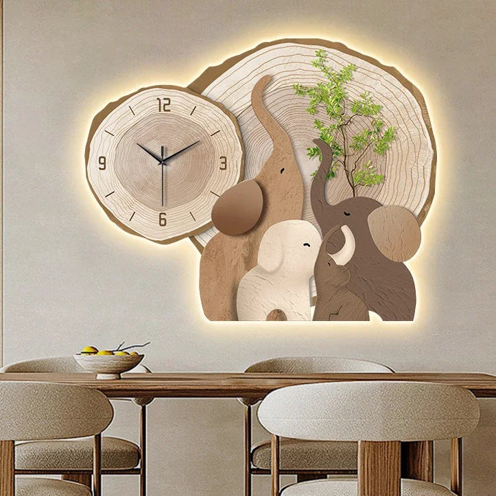 Horloge Murale Silencieuse Éléphant LED Moderne Multi-Panel