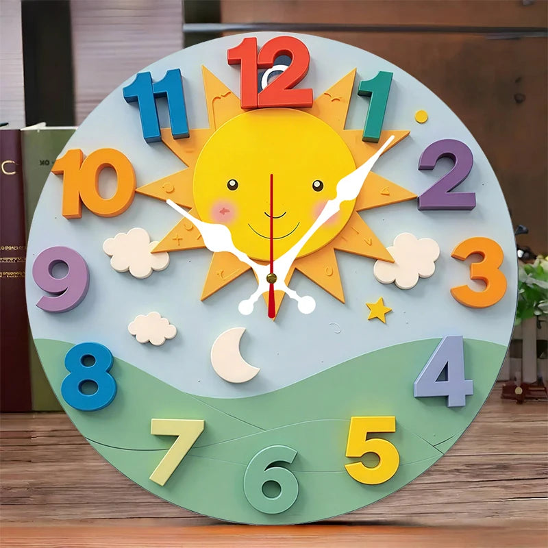 Horloge Murale Silencieuse Bois Motif Soleil