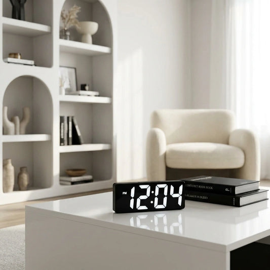 Horloge numerique a poser - mise en situation table basse salon