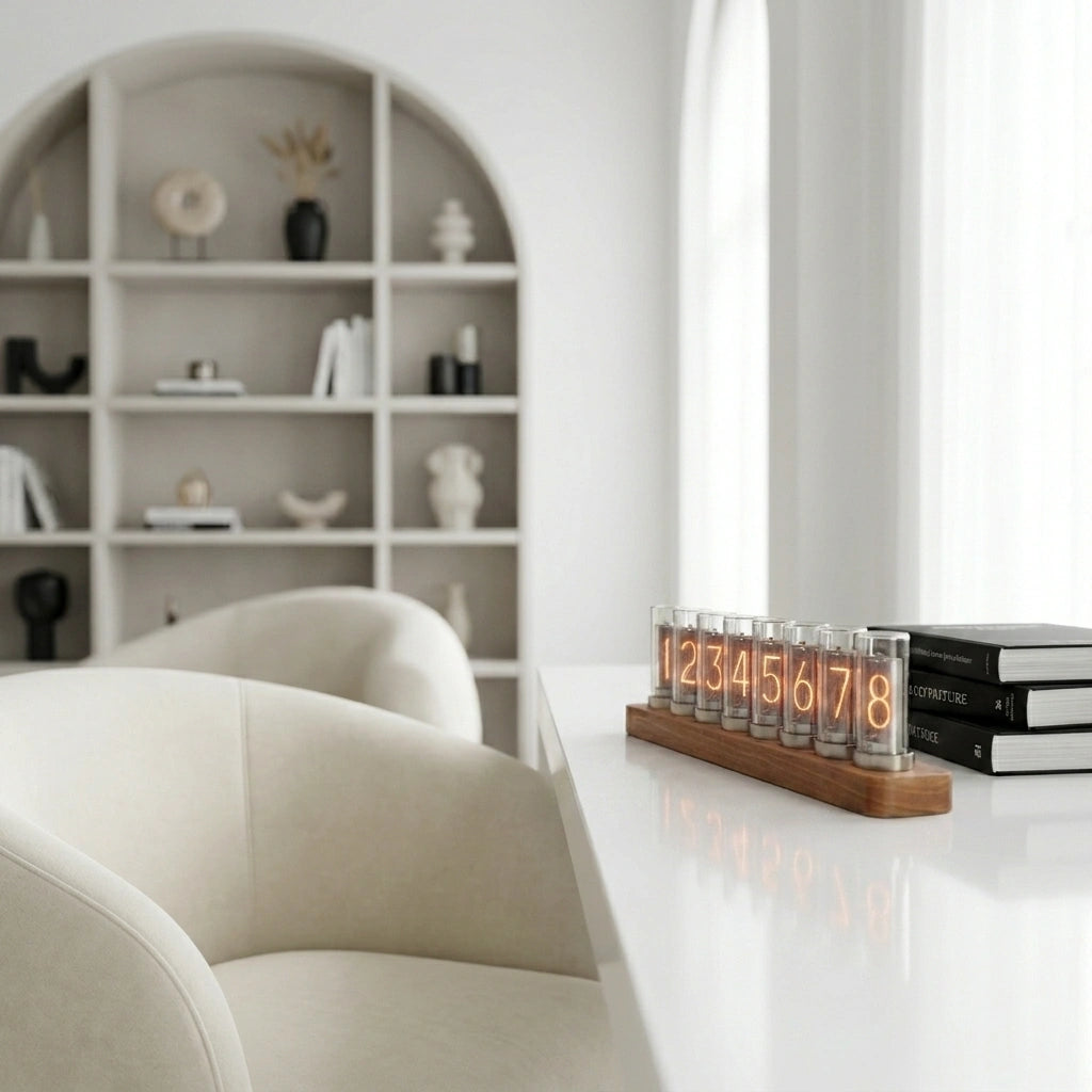 Horloge Nixie Tubes - mise en situation bureau avec livres