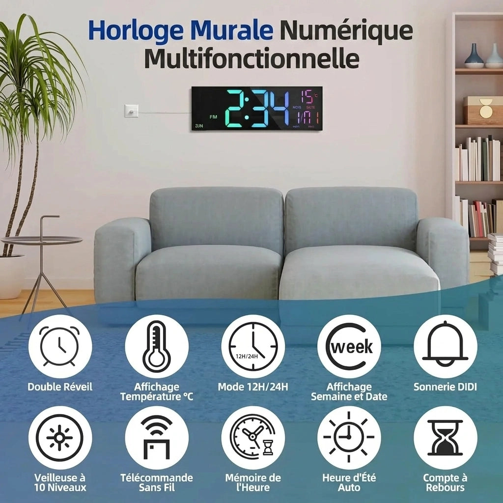 Horloge Murale Numérique  LED Grand Format avec Télécommande