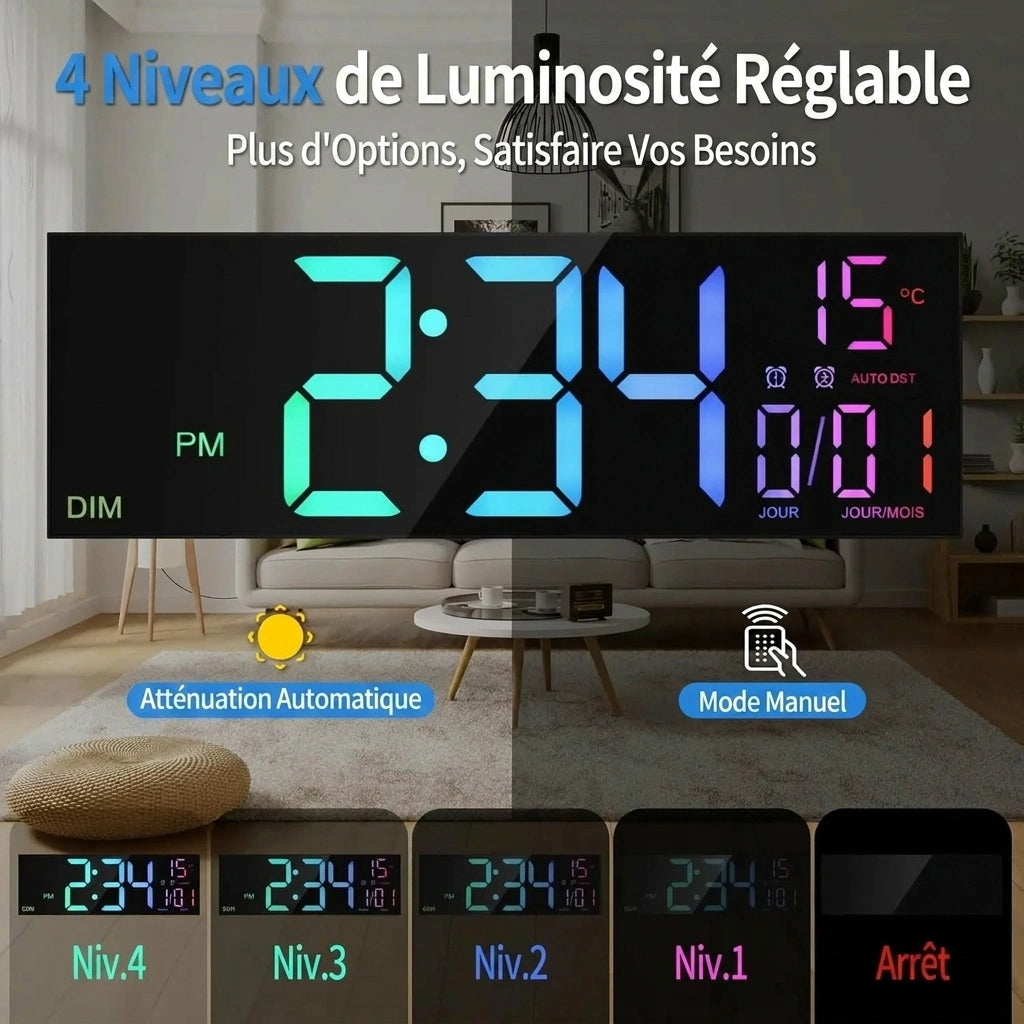 Horloge Murale Numérique  LED Grand Format avec Télécommande