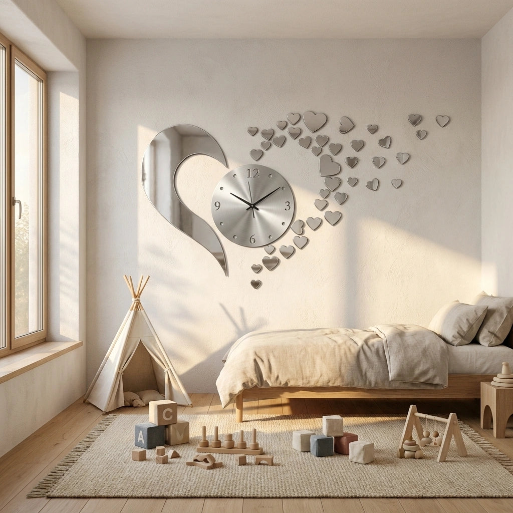 Horloge coeur acrylique miroir - chambre enfant avec jouets