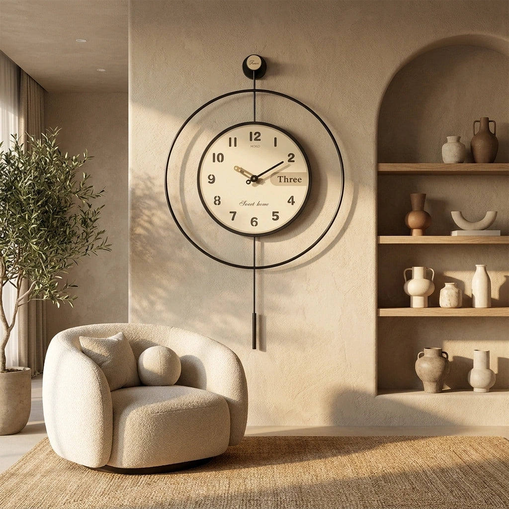 Horloge murale pendule design épuré dans salon moderne