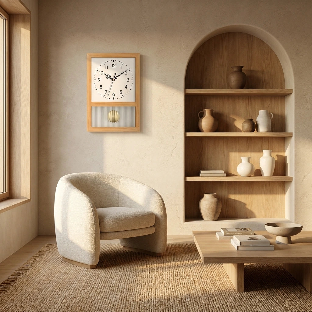 Horloge bois style retro japonais - mise en situation salon angle 4