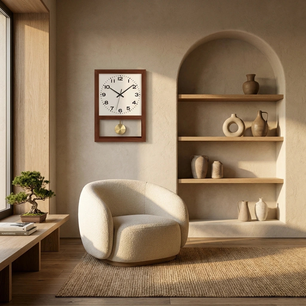 Horloge bois style retro japonais - mise en situation salon fauteuil
