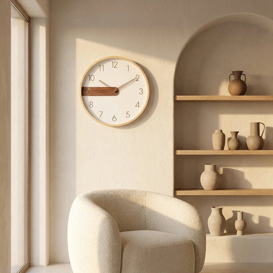 Horloge murale moderne bois creative - mise en situation salon fauteuil