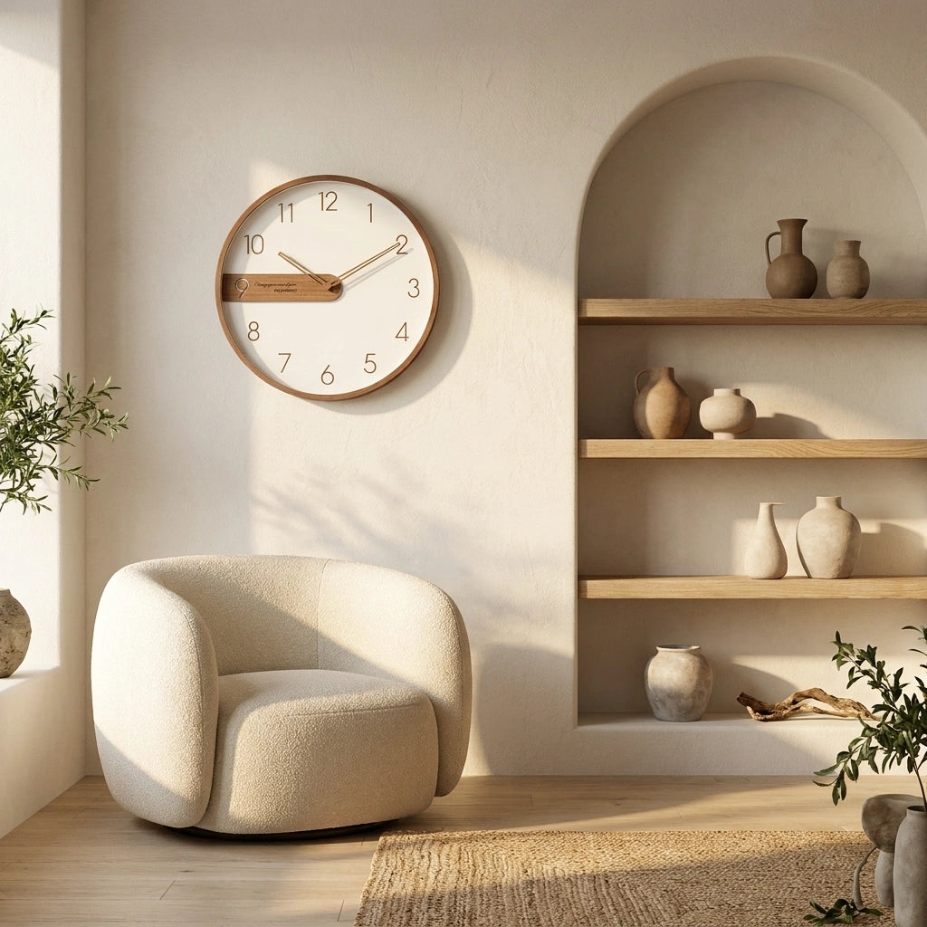 Horloge murale moderne bois creative - mise en situation salon 2