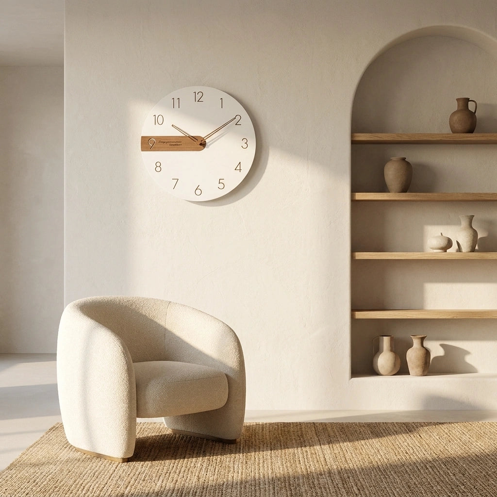 Horloge murale moderne bois creative - mise en situation salon 3