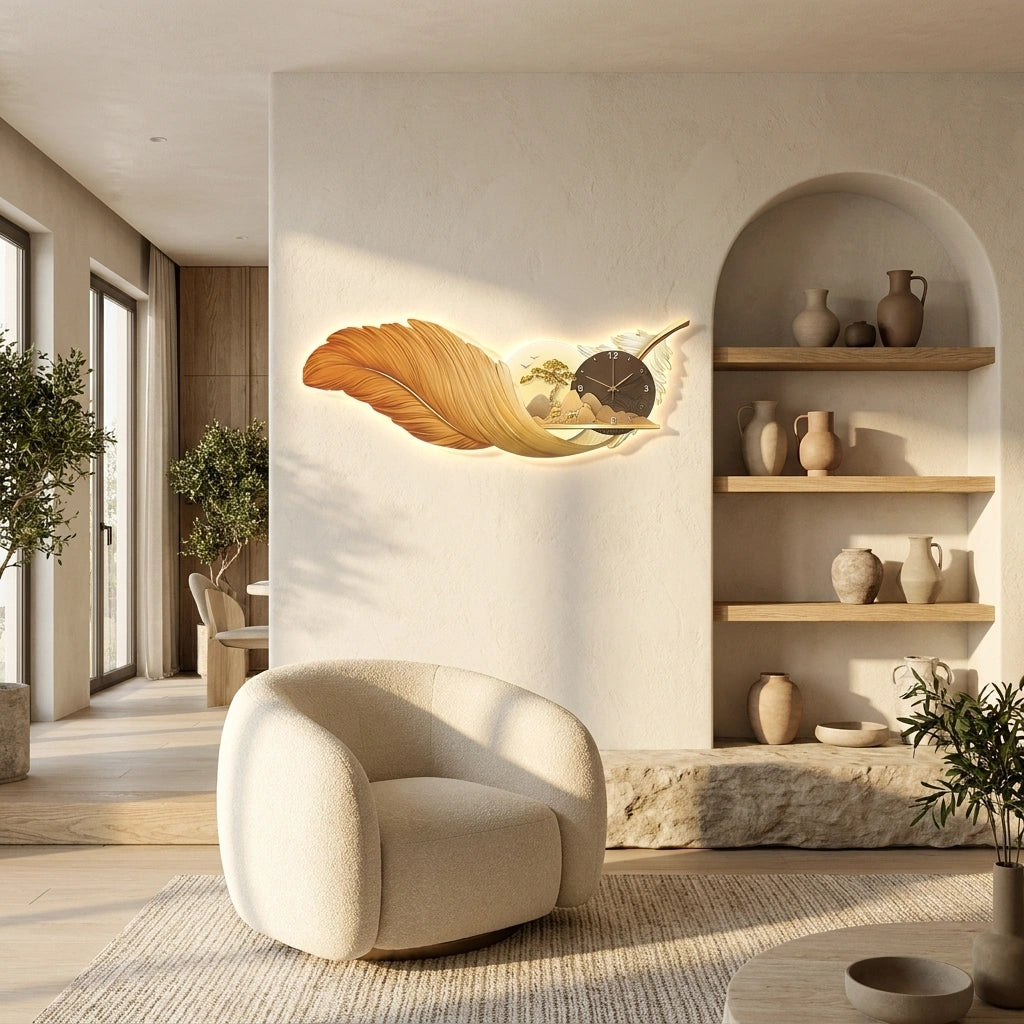 Horloge murale design luxe moderne - ambiance salon avec fauteuil
