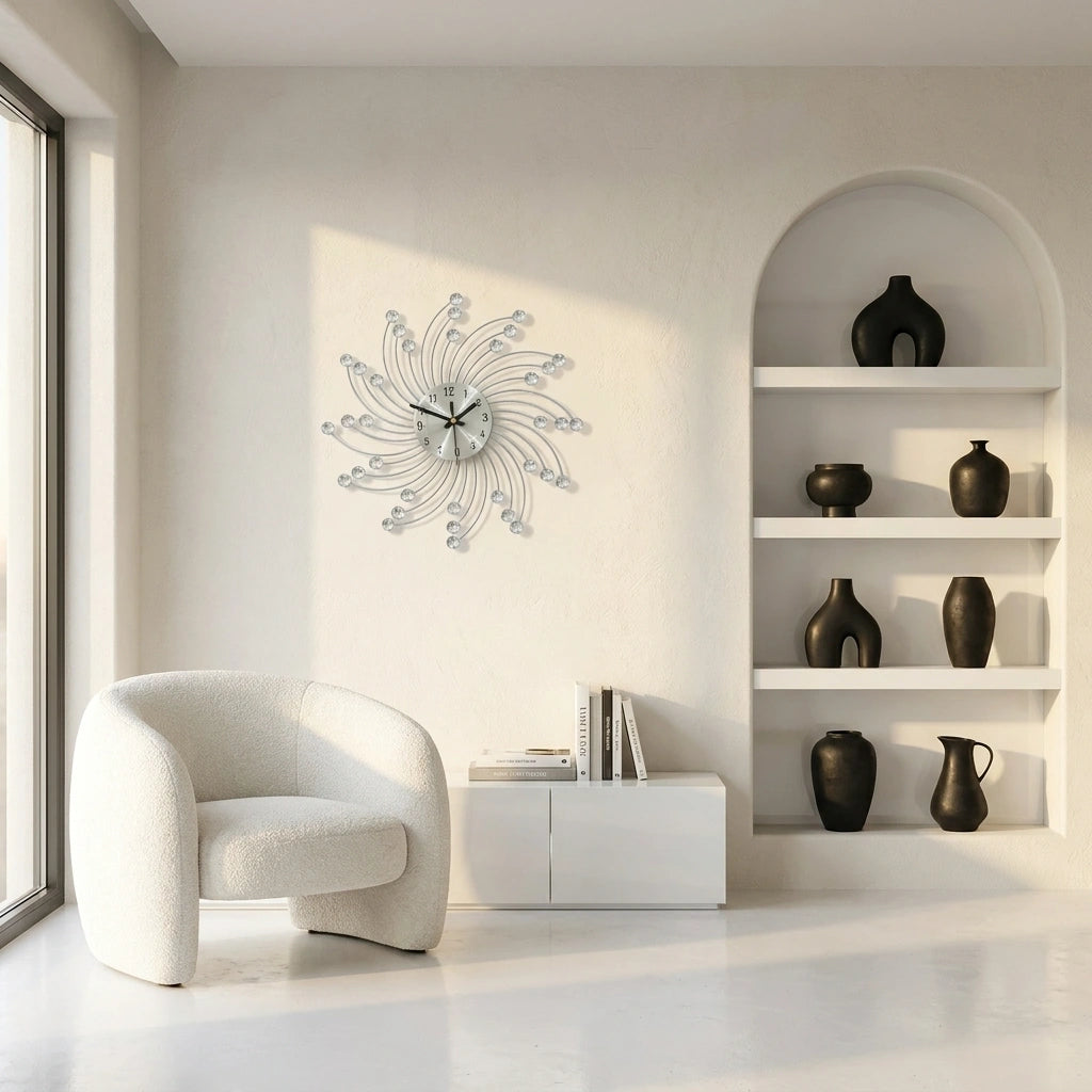 Horloge murale diamants - vue salon avec fauteuil moderne