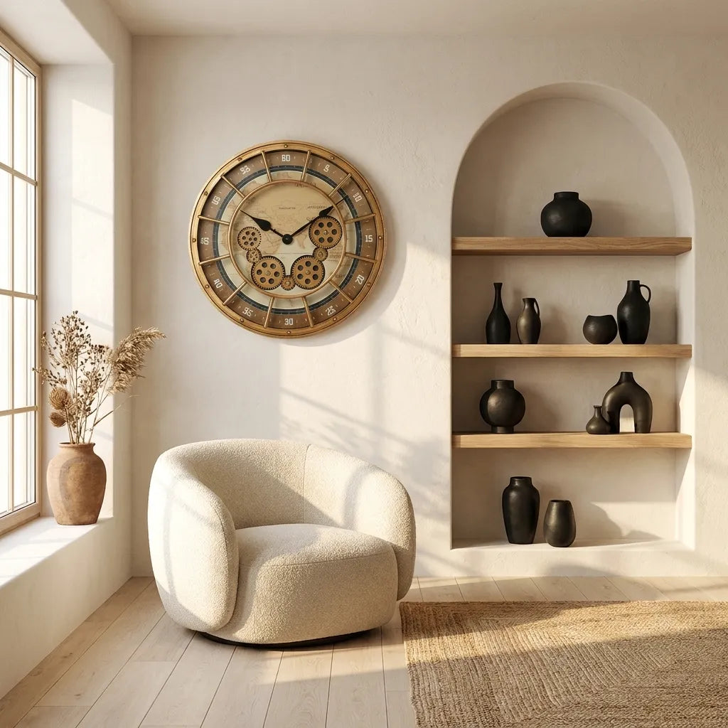 Horloge murale industrielle engrenages - mise en situation salon fauteuil