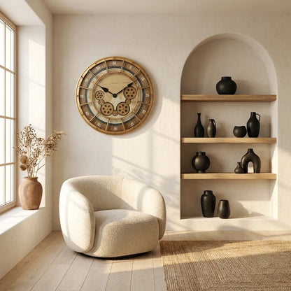 Horloge murale industrielle engrenages - mise en situation salon fauteuil