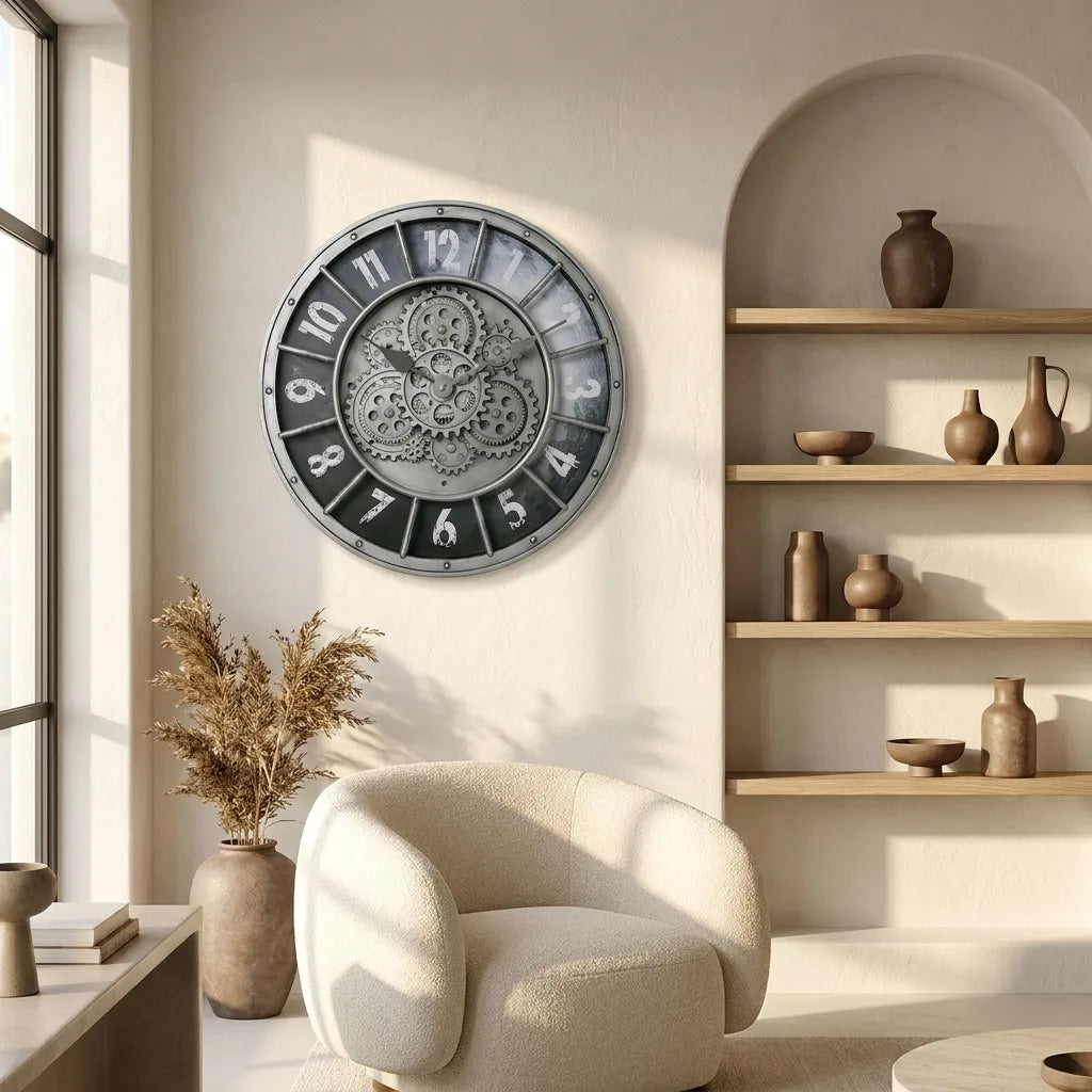 Horloge murale industrielle engrenages - salon fauteuil vue trois-quarts