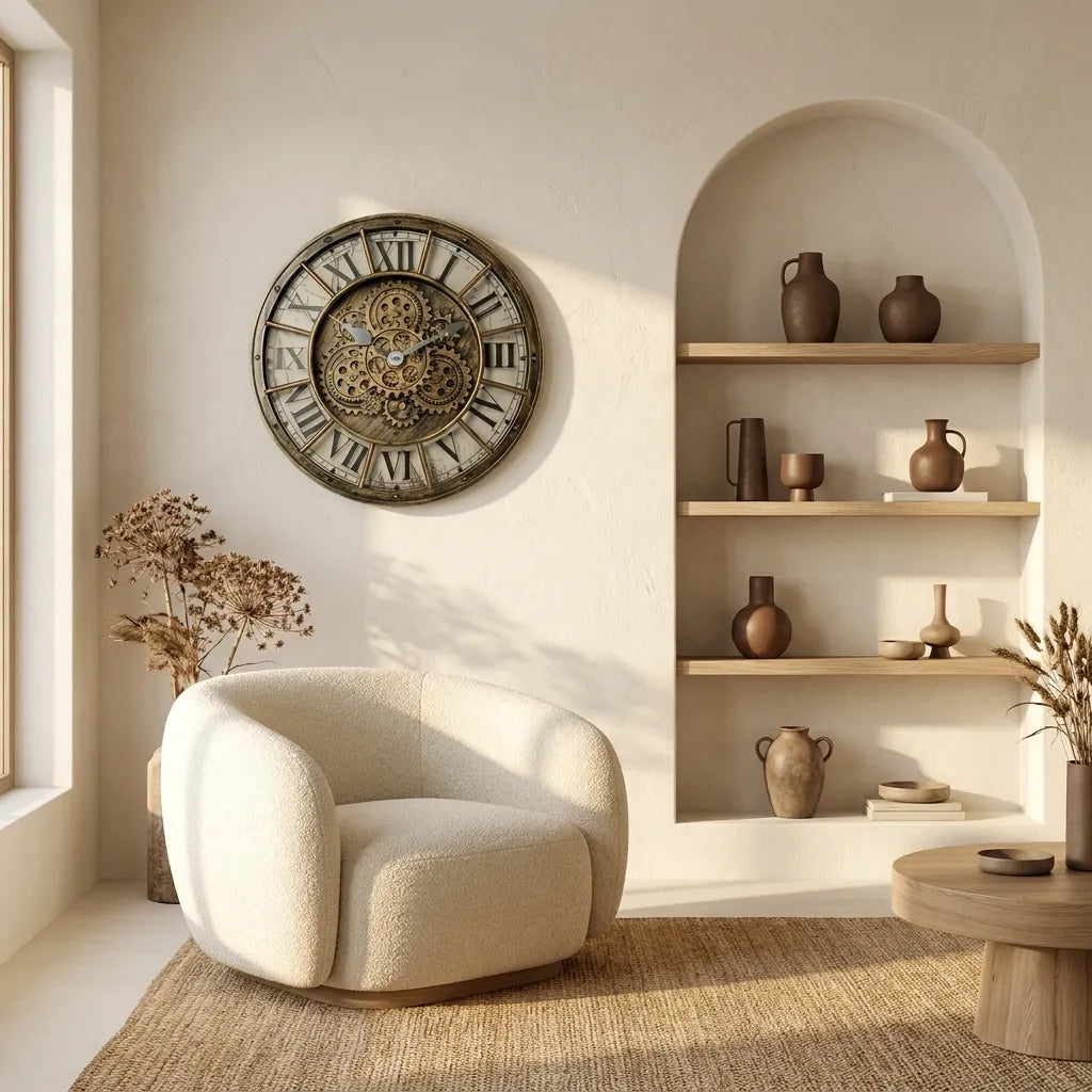 Horloge murale industrielle engrenages - salon fauteuil ambiance loft