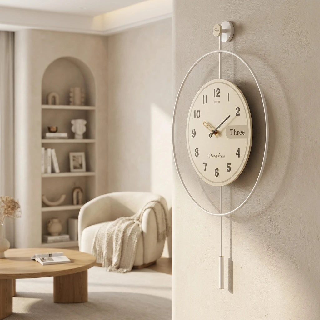 Horloge murale pendule design épuré mise en situation salon