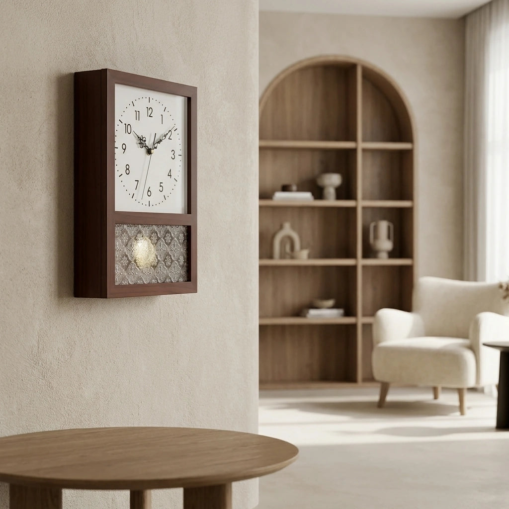 Horloge bois style retro japonais - vue avec horloge murale salon