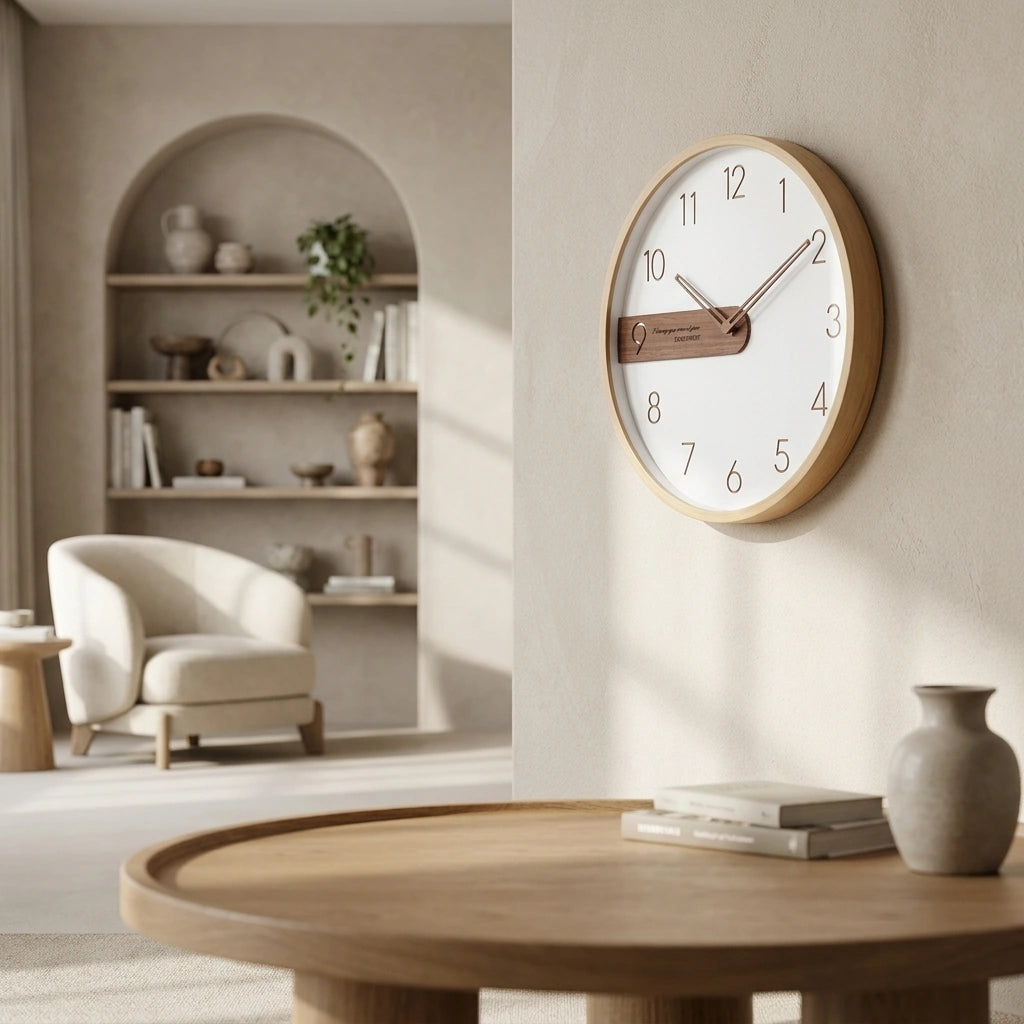 Horloge murale moderne bois creative - vue mur salon horloge design