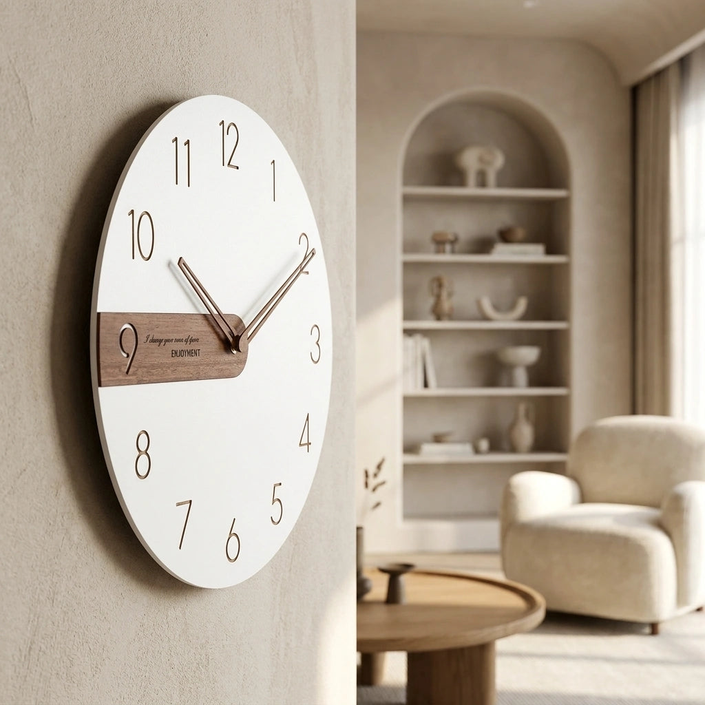 Horloge murale moderne bois creative - vue mur salon angle 3