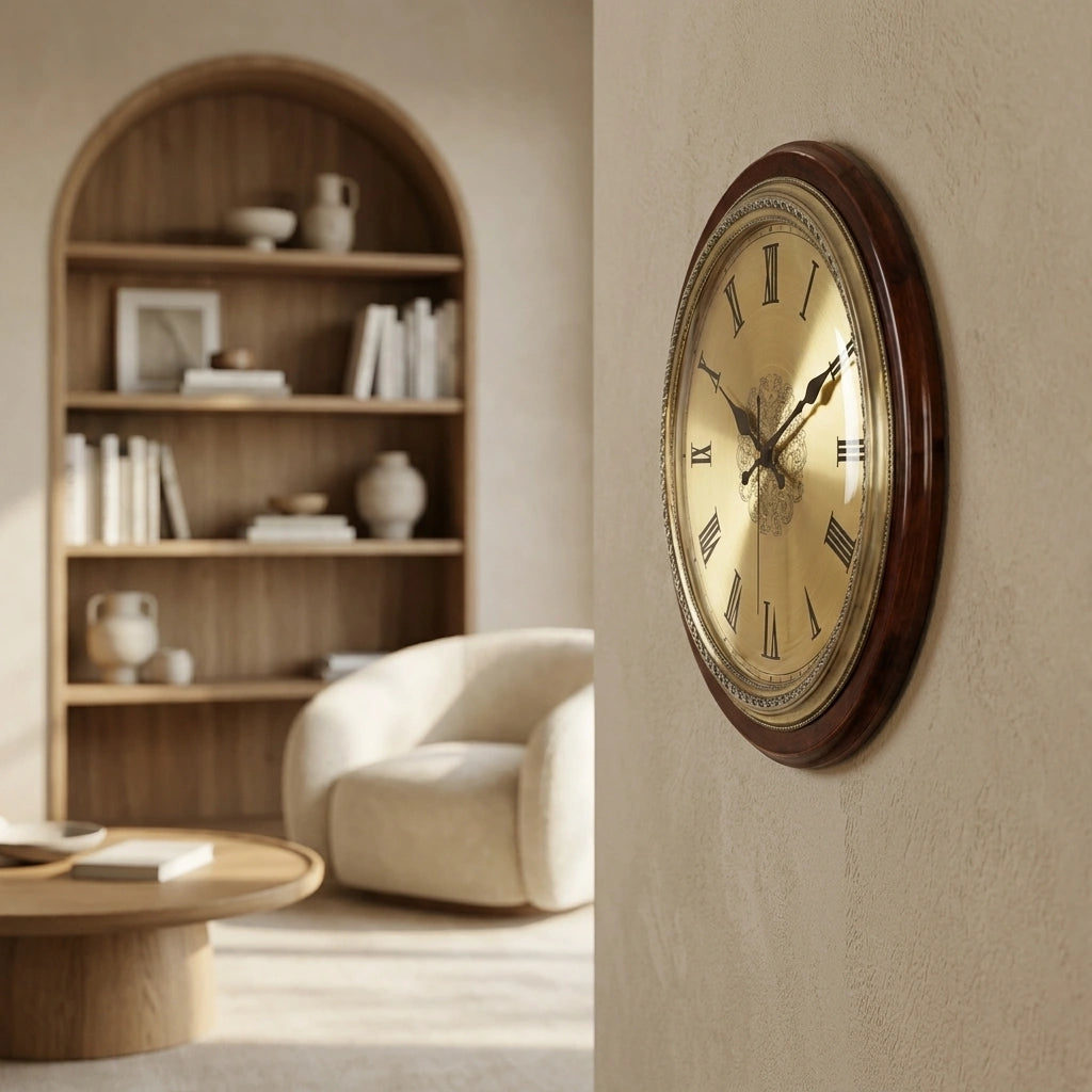 Horloge murale doree nordique vintage - mise en situation salon moderne