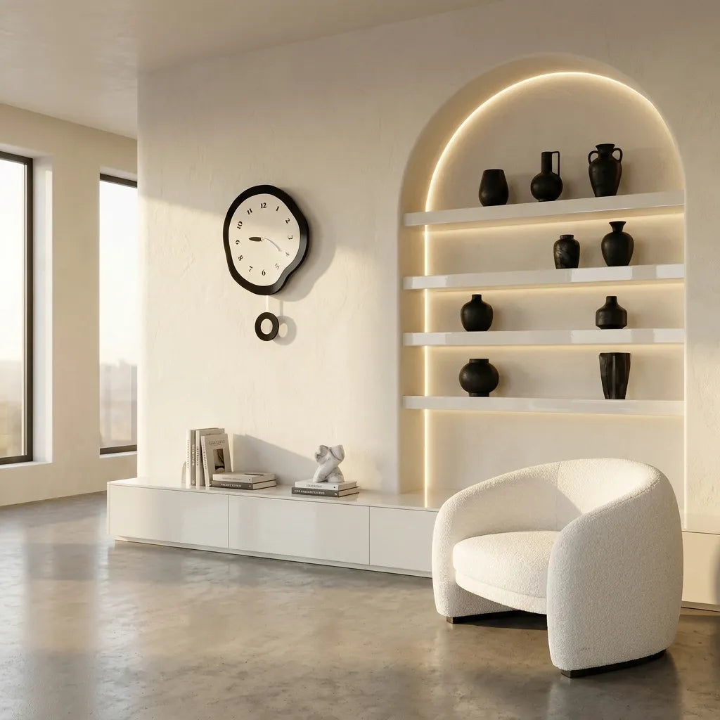 Horloge murale design japonais blanc - mise en situation salon blanc