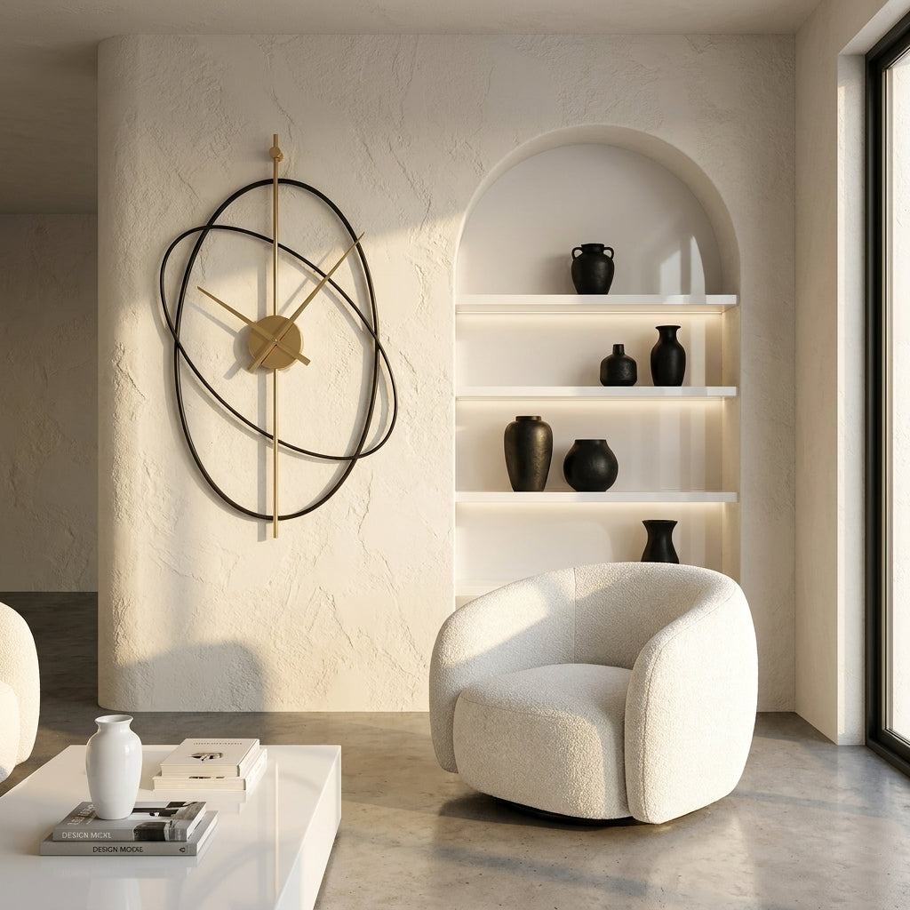 Horloge murale industrielle ovale metal - mise en situation salon blanc