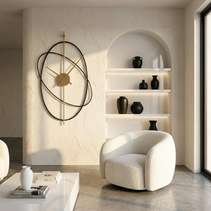 Horloge murale industrielle ovale metal - mise en situation salon blanc