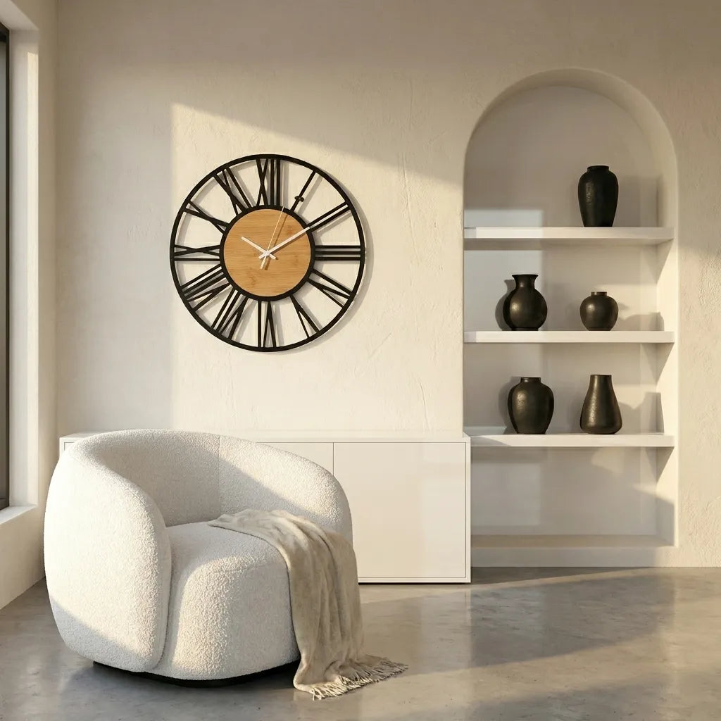 Grande horloge murale vintage industrielle 60cm - mise en situation salon