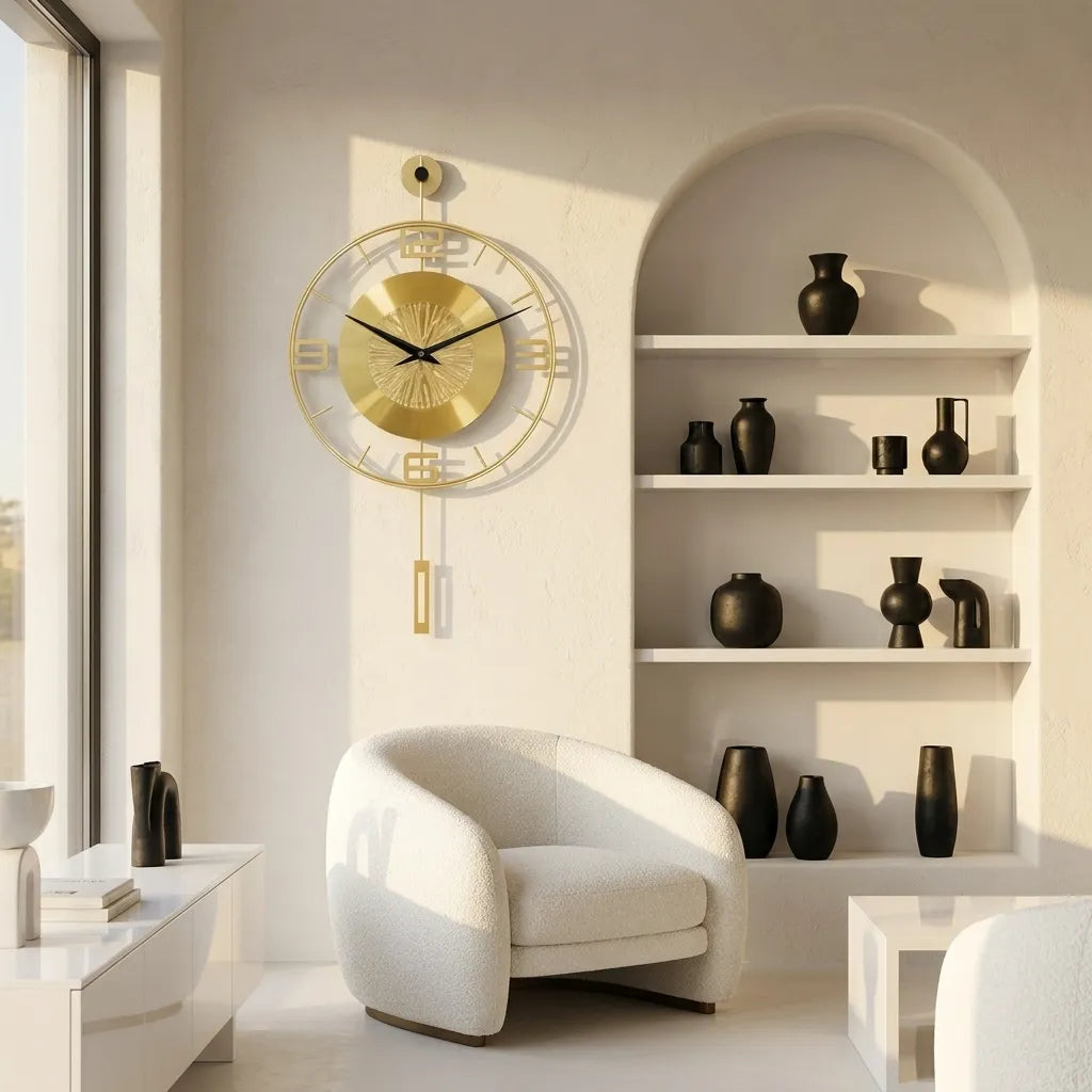Grande horloge murale dorée vue de face décoration salon