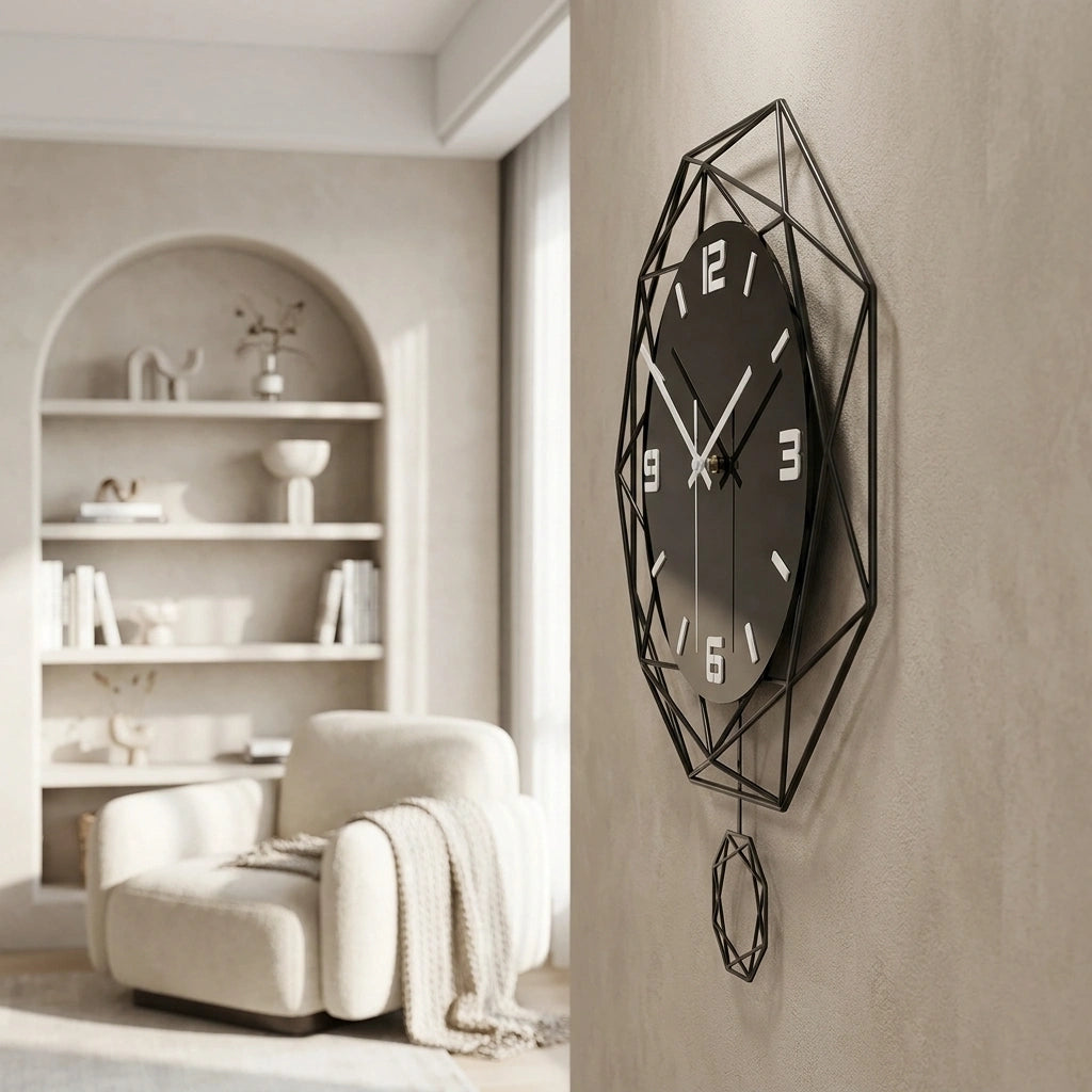 Horloge pendule murale polygones - salon minimaliste vue secondaire