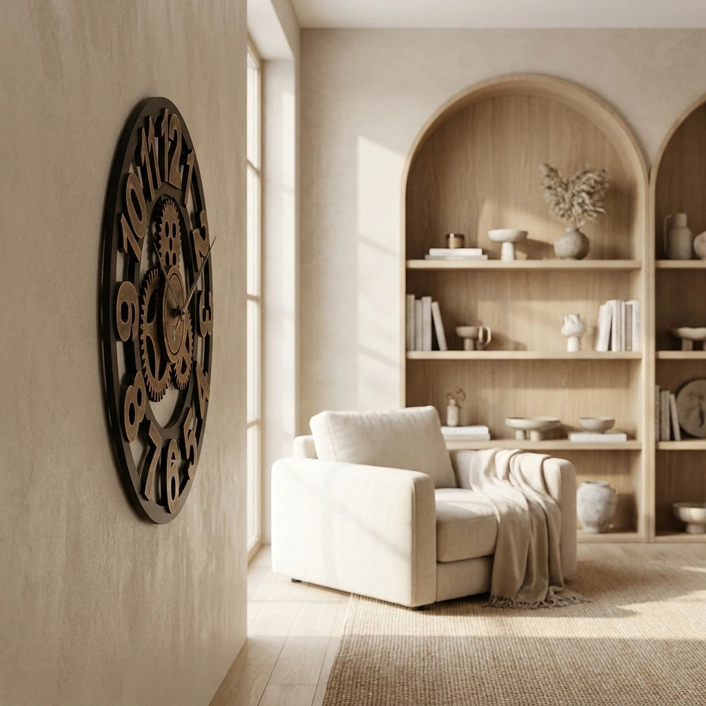 Horloge engrenage murale style industriel - salon minimaliste vue secondaire