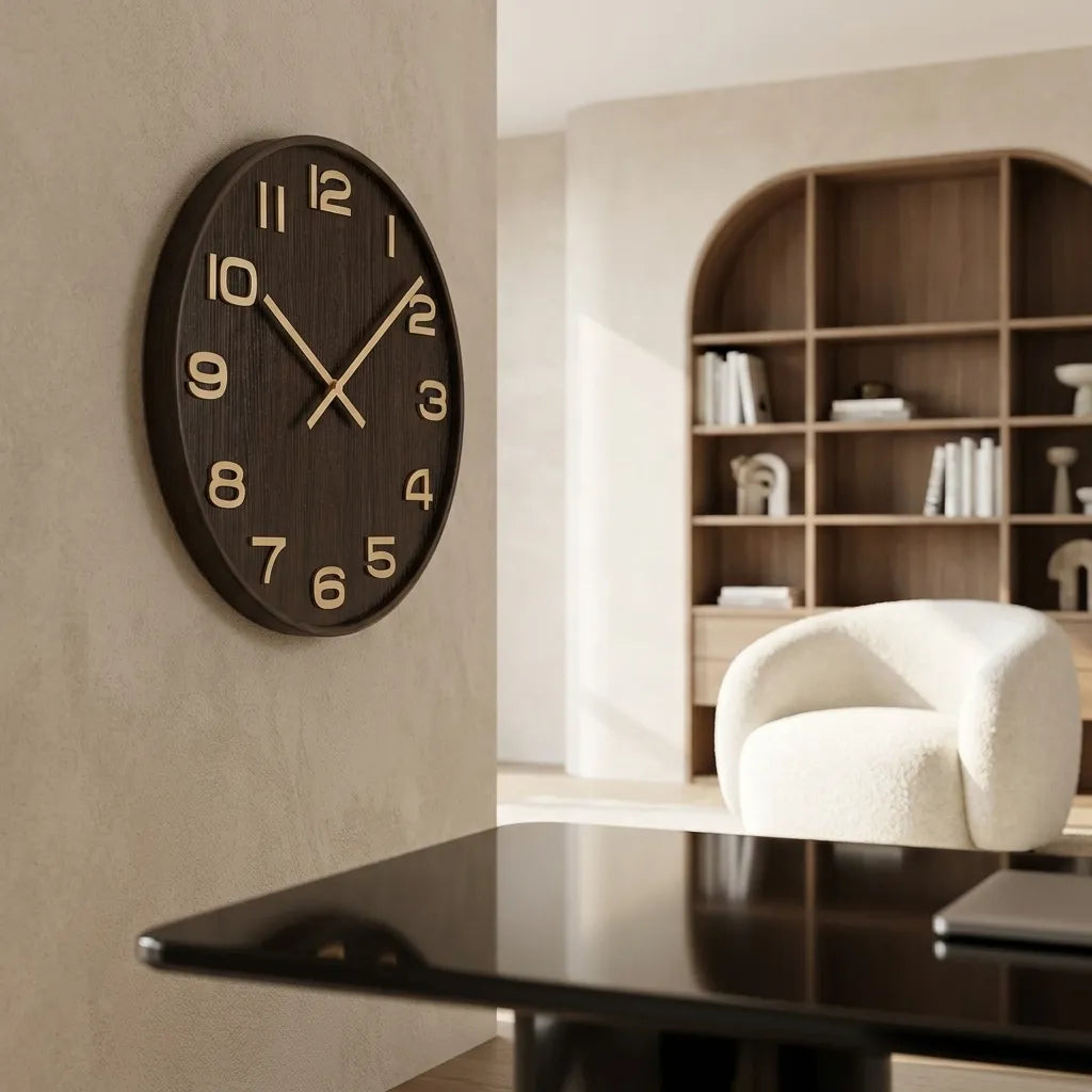 Horloge murale moderne style bois massif détail du bois