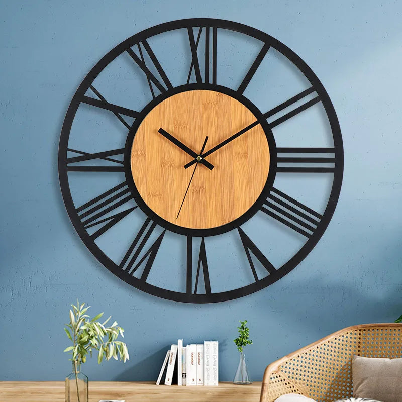 Horloge Murale VintageStructure Ronde en Bois et Métal Silencieuse