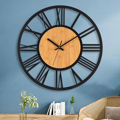 Horloge Murale VintageStructure Ronde en Bois et Métal Silencieuse
