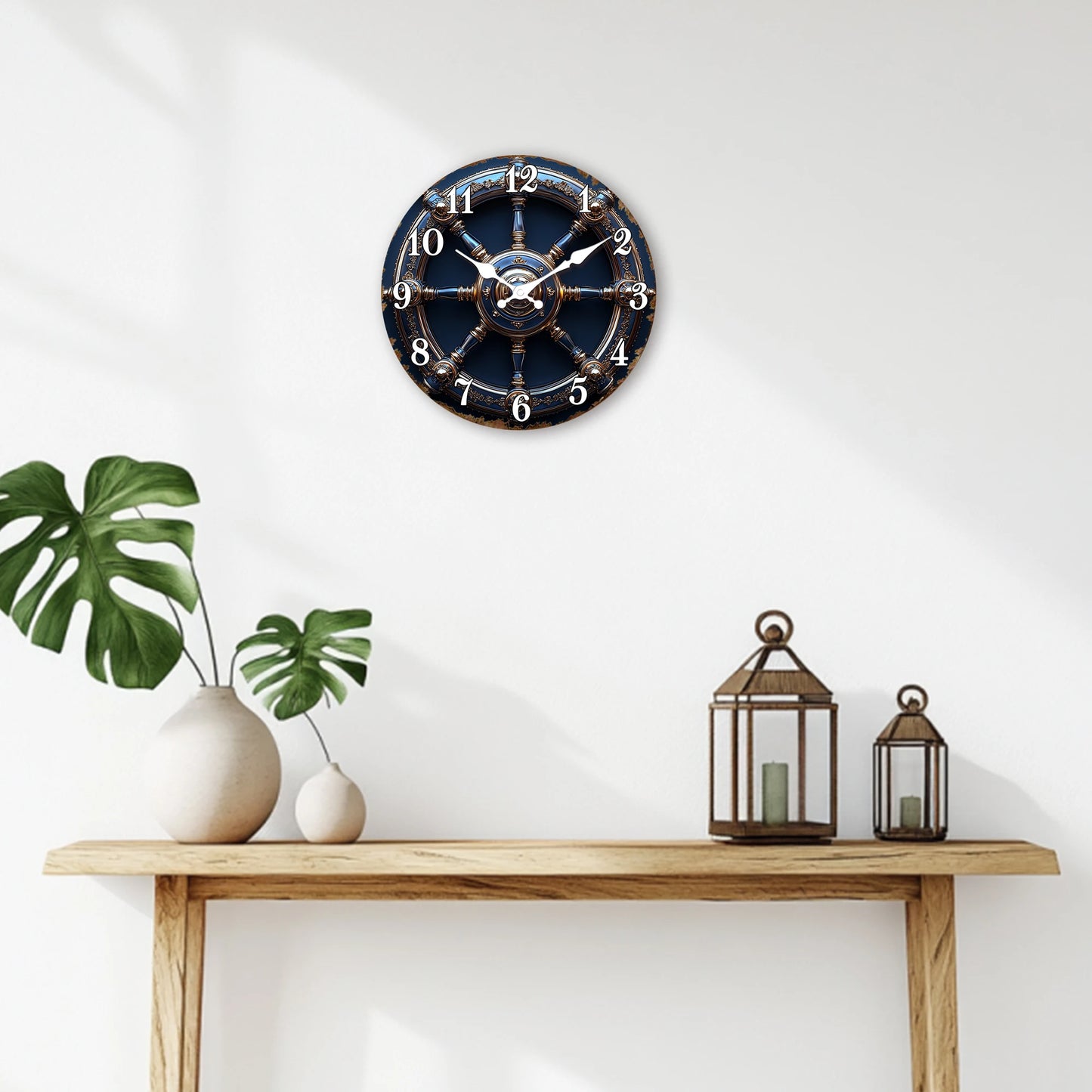 Horloge Murale Design  Roue de Navire Or et Bleu