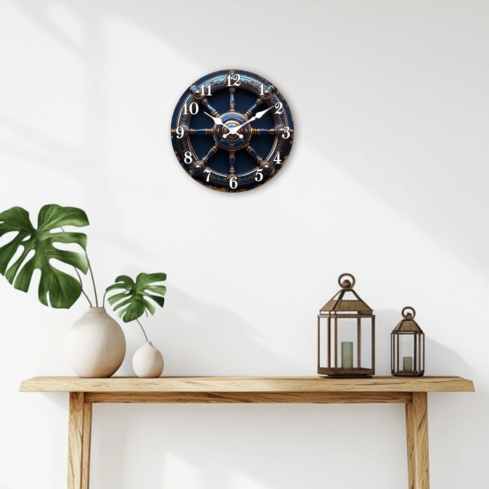 Horloge Murale Design  Roue de Navire Or et Bleu