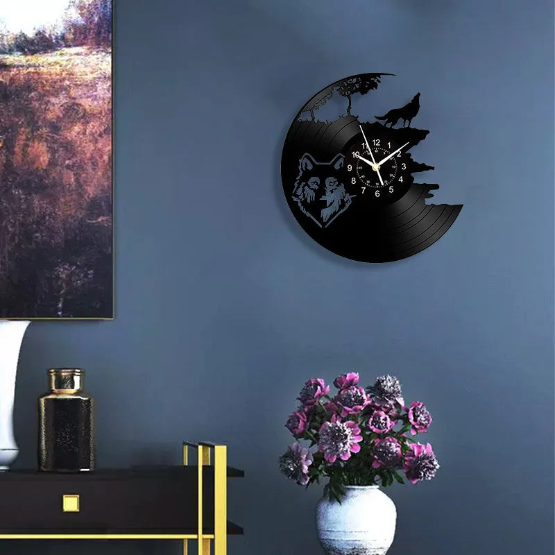 Horloge Murale Design  Loup Rugissant Vinyle Noir Art Déco