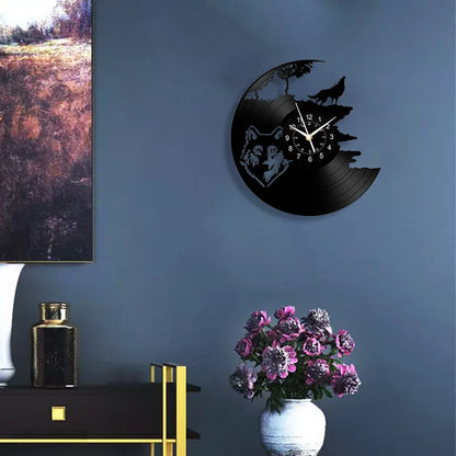 Horloge Murale Design  Loup Rugissant Vinyle Noir Art Déco