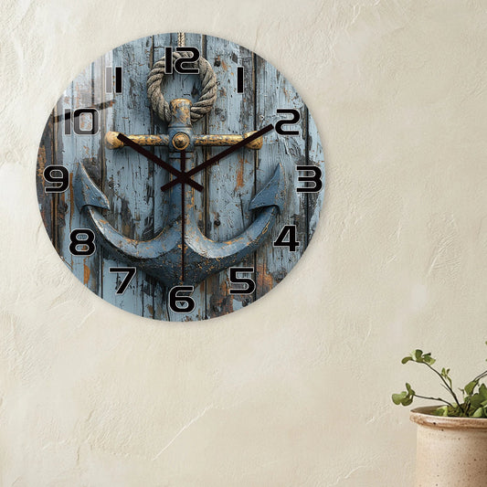 Horloge Murale Bois Rustique – Ancre Nautique Style Côtier