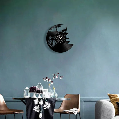 Horloge Murale Design  Loup Rugissant Vinyle Noir Art Déco