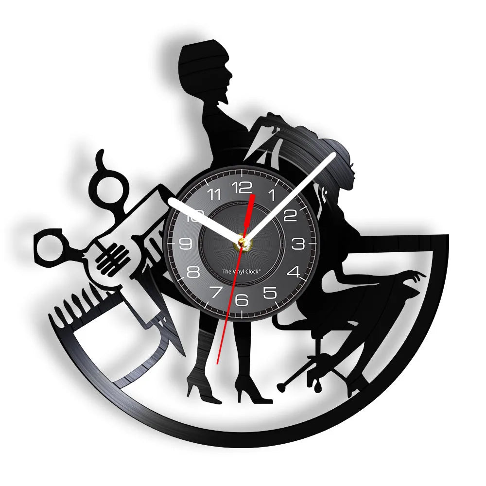 Horloge Murale RétroVinyle Noir Coiffure Stylistes