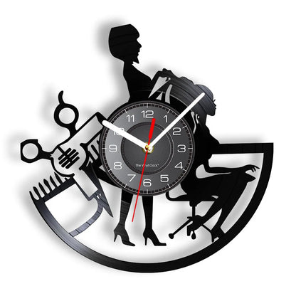 Horloge Murale RétroVinyle Noir Coiffure Stylistes