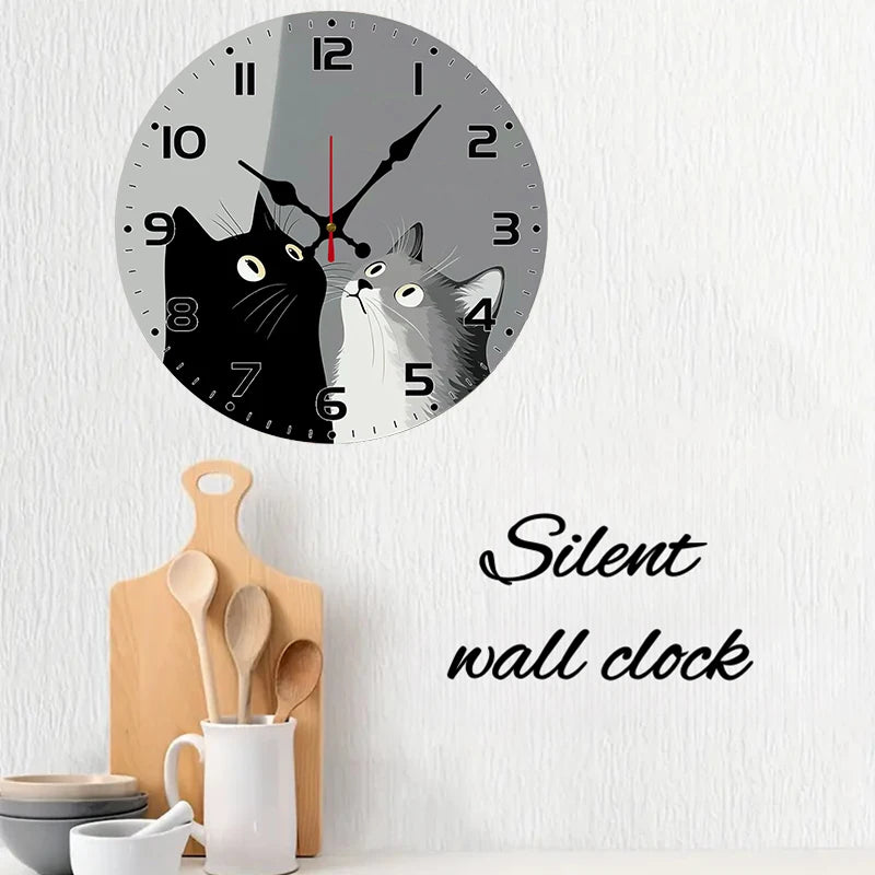 Horloge Murale SilencieuseChats Noir Et Blanc En Bois