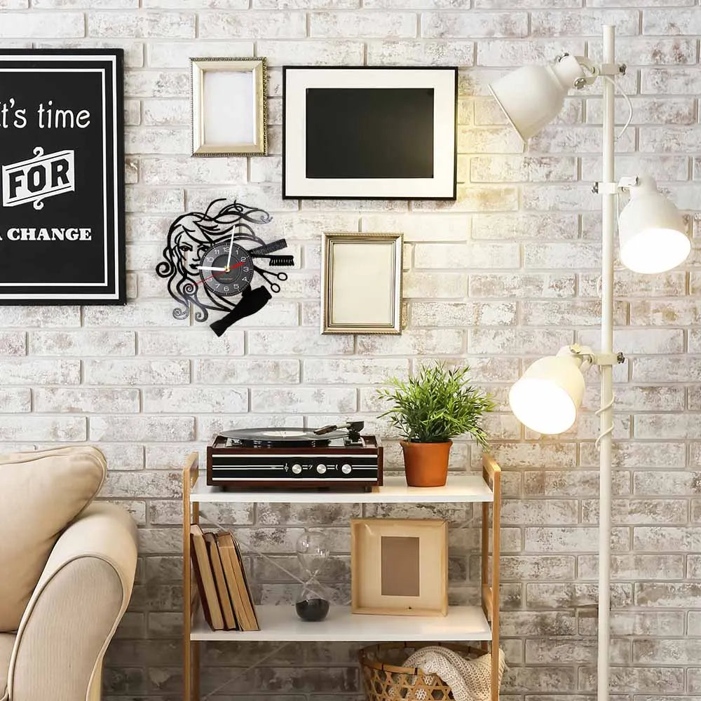 Horloge Murale RétroVinyle Noir Coiffure Stylistes