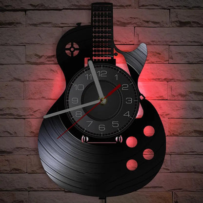 Horloge Murale LED Design  Vinyle Guitare Noire