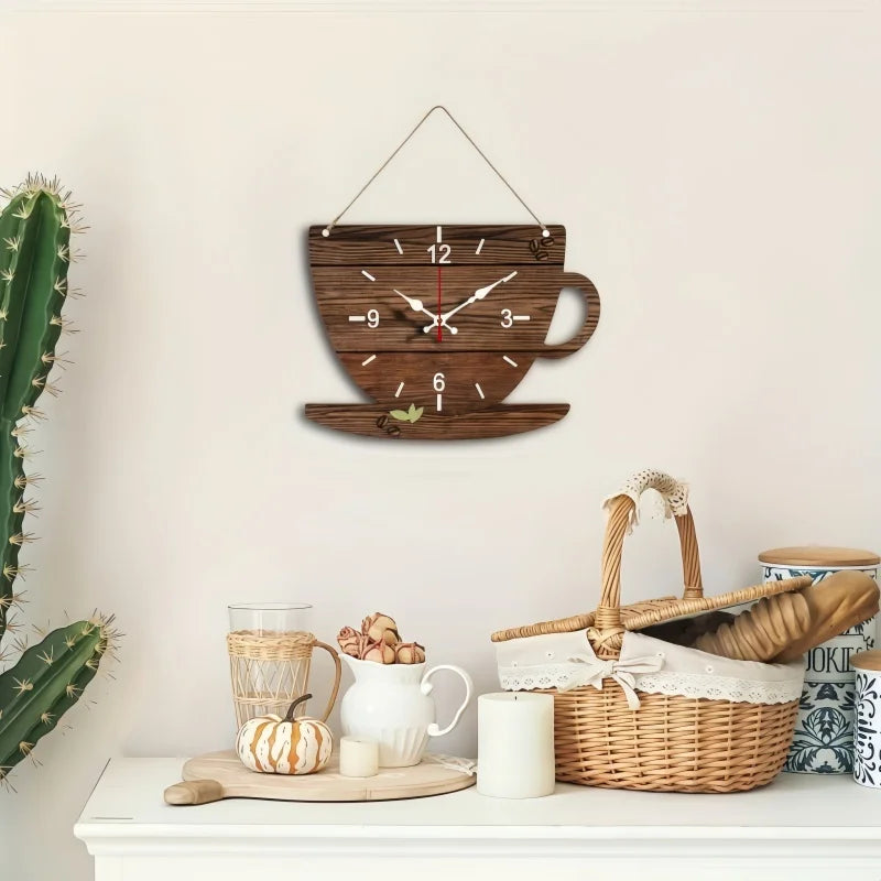 Horloge Murale Silencieuse  Bois Forme Tasse de Café