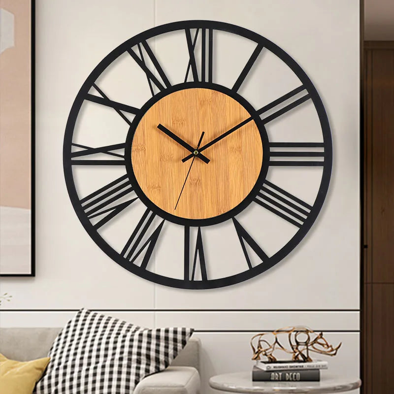 Horloge Murale VintageStructure Ronde en Bois et Métal Silencieuse