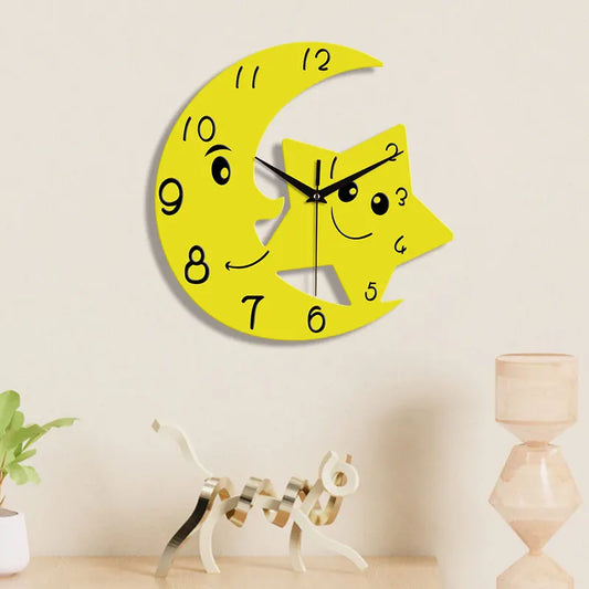 Horloge Murale OriginaleLune et Étoile en Métal Argenté