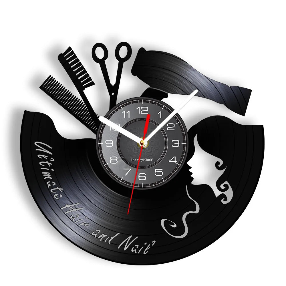 Horloge Murale RétroVinyle Noir Coiffure Stylistes