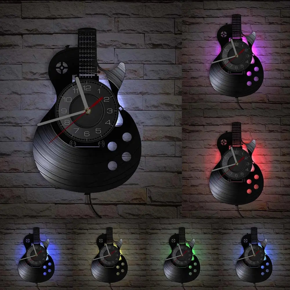 Horloge Murale LED Design  Vinyle Guitare Noire